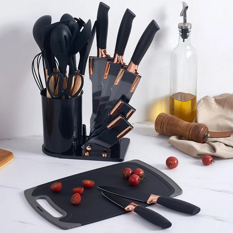 Kit de utensílios de cozinha de silicone + Conjunto de facas + Placa de corte