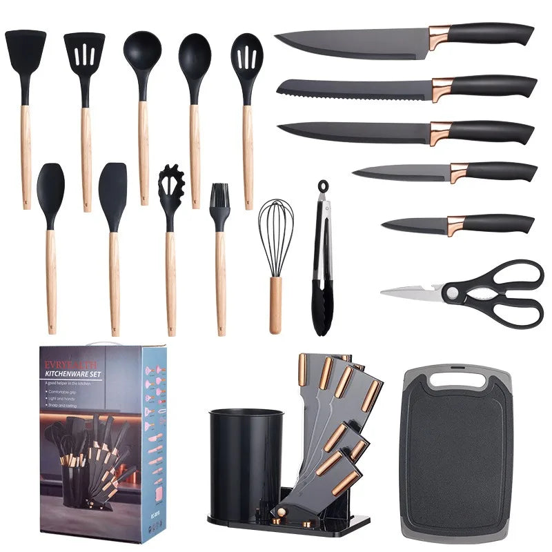 Kit de utensílios de cozinha de silicone + Conjunto de facas + Placa de corte